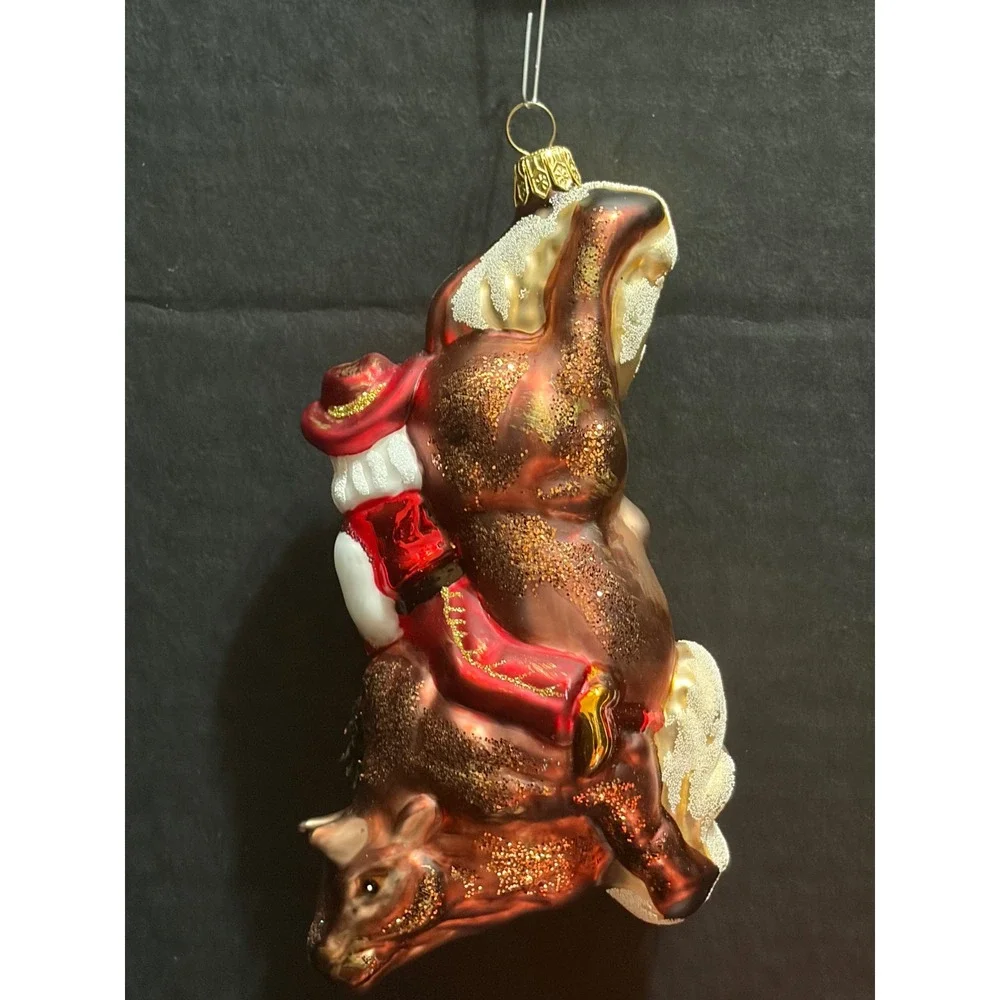 RARE Handcrafted Dillard's Trimmings Glass Ornament Santa Riding Bull Cowboy